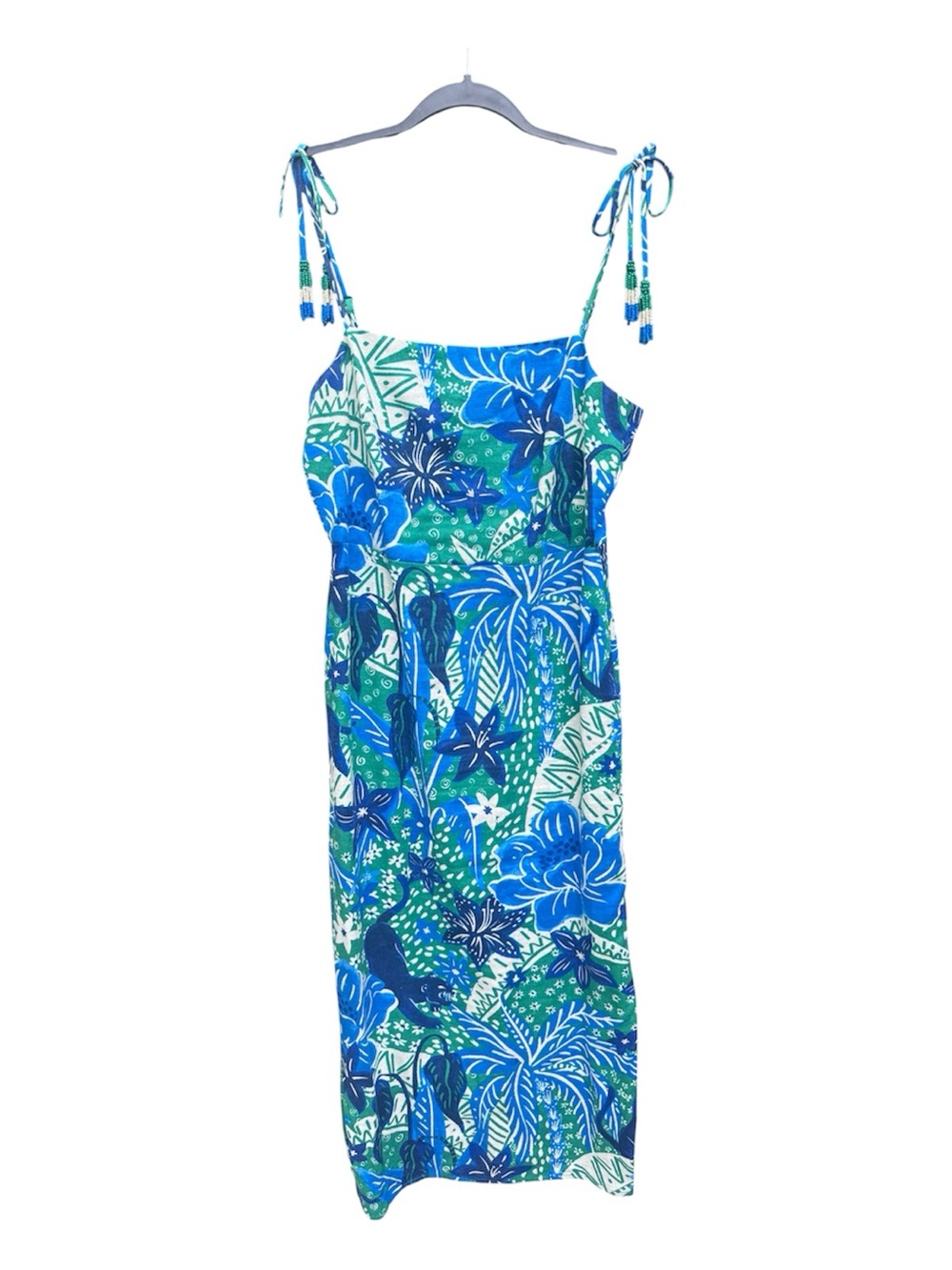 Rachel Zoe Blue & Green Tropical Print Beaded Tie-Shoulder Midi Dress